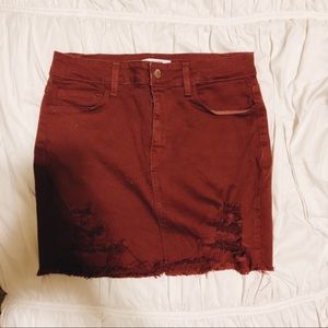 O2 distressed denim mini skirt crimson
